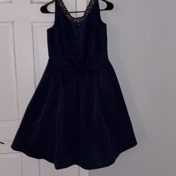 A line Navy Blue Dress With Neckline jeweled embellishment - Picture 2 of 9